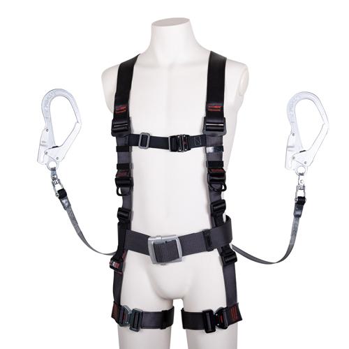 Fall Arrest Device (Full Body Harness with Retractable Twin Lanyard) Black Shoulder Straps: Width 45 Chest Strap: Width 30 Waist Strap: Width 50 Thigh Straps: Width 45