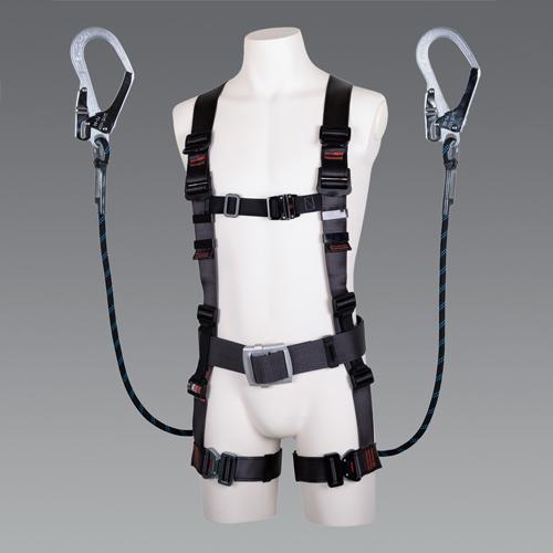 Fall Arrest Device (Full Body Harness/Twin Lanyard) Black Shoulder Straps: Width 45 Chest Strap: Width 30 Waist Strap: Width 50 Thigh Straps: Width 45