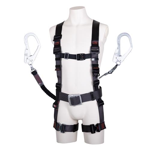 Fall Arrest Device (Full Body Harness with Retractable Twin Lanyard) Woven Rope Retractable: Width 18mm × Length 1,550mm Elastic Strap: Width 32mm × Length 1,600mm (Extended)
