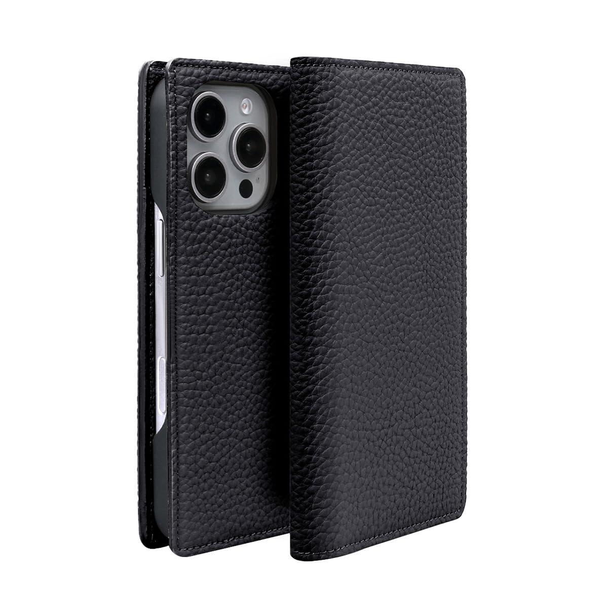ABBI SIGNATURE iPhone 16 Pro Case Made in Japan Wallet-Style German Shrink Leather Shrunken Calf Diary Case [MagSafe Compatible Handmade V-Shaped Card Pocket Wireless Charging] iPhone Case Side-Opening Protective Cover ABS27295i16PR Black Blue