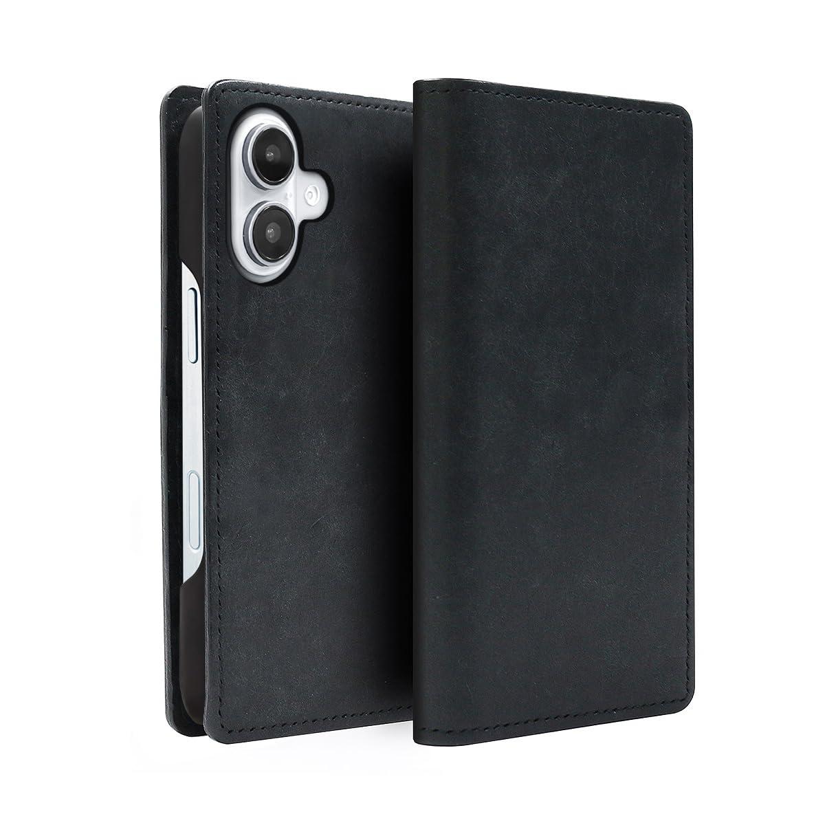 ABBI SIGNATURE iPhone 16 Case Made in Japan Wallet-Style Italian Genuine Leather MARGOT MagSafe Compatible [ Vegetable-Tanned Leather Handmade Wireless Charging ] iPhone Case Side-Opening Diary Protective Cover ABS27323i16 Black