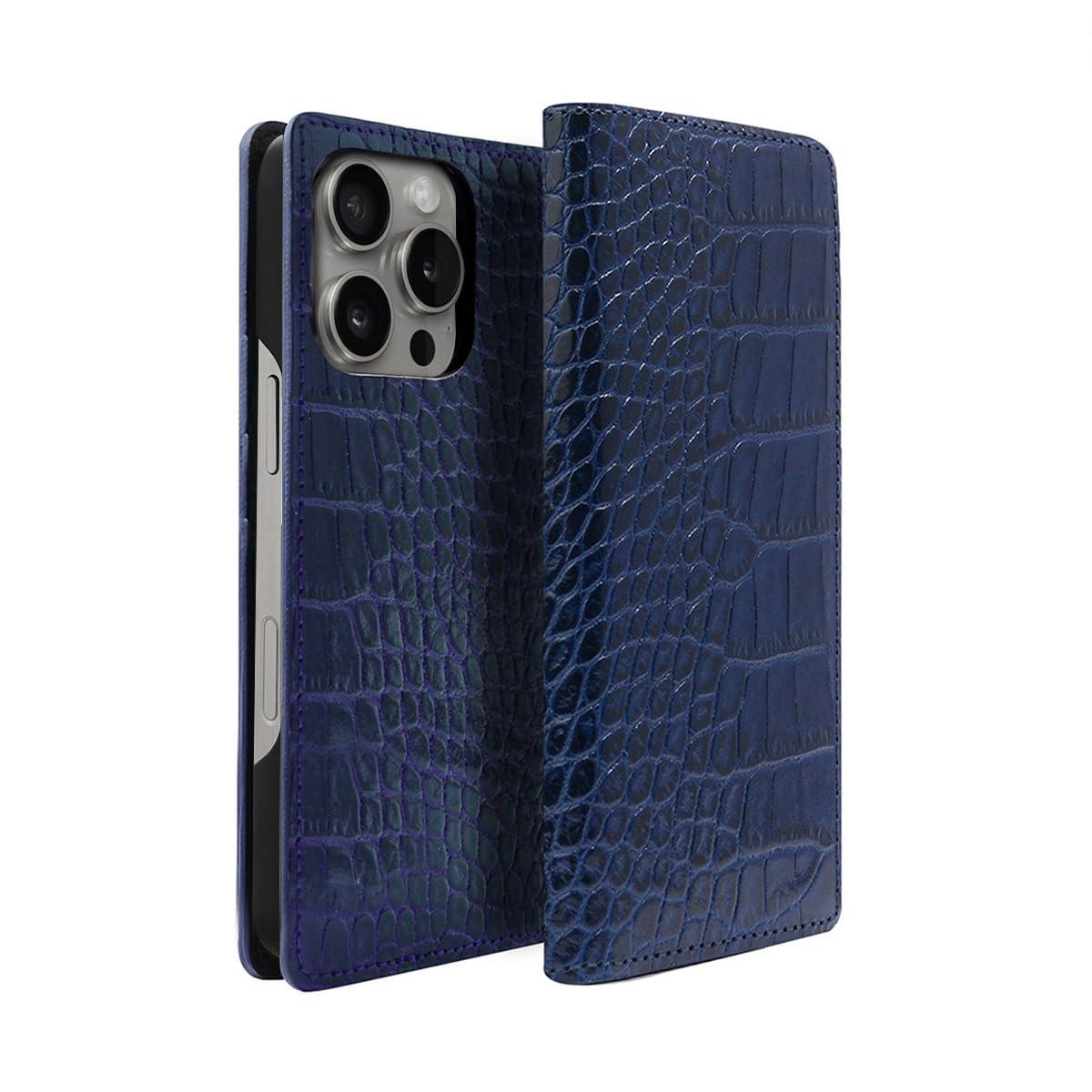 ABBI SIGNATURE iPhone 16 Pro Case Made in Japan Wallet-Style Italian Genuine Leather LIPARI Diary Case MagSafe Compatible [ Vegetable-Tanned Leather Crocodile Embossed Handmade Leather Case Wireless Charging ] iPhone Case Side-Opening Protective Cover ABS27351i16PR Navy