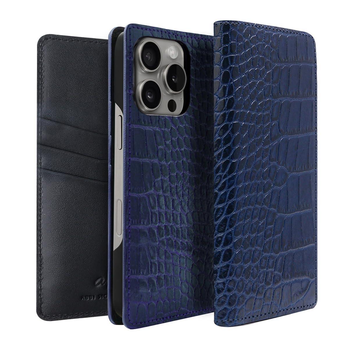 ABBI SIGNATURE iPhone 16 Pro Max Case Made in Japan Wallet-Style Italian Genuine Leather LIPARI Diary Case MagSafe Compatible [ Vegetable-Tanned Leather Crocodile Embossed Handmade Leather Case Wireless Charging ] iPhone Case Side-Opening Protective Cover ABS27352i16PM Navy