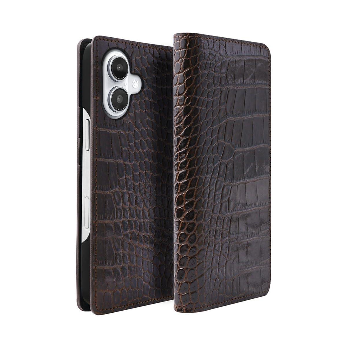 ABBI SIGNATURE iPhone 16 Case Made in Japan Wallet-Style Italian Genuine Leather LIPARI Diary Case MagSafe Compatible [ Vegetable-Tanned Leather Crocodile Embossed Handmade Leather Case Wireless Charging ] iPhone Case Side-Opening Protective Cover ABS27353i16 Dark Brown