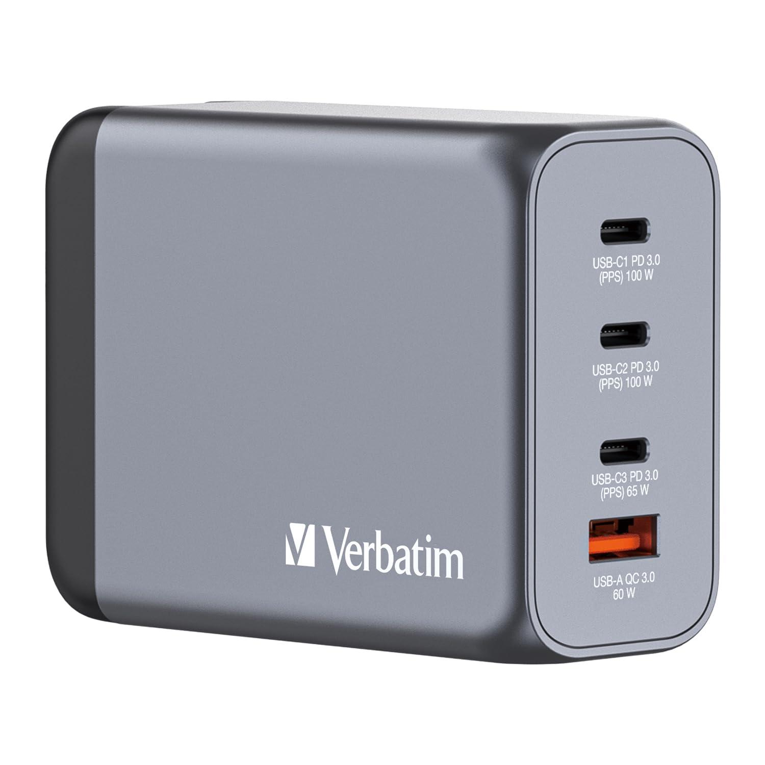 Verbatim PD200W Compatible Charger AC Charger with 4 USB Ports (USB-C x3, USB-A x1) 32204 Next-Generation GaN Material Rapid Charging (PPS) Compatible AC Adapter New GaN Nitride...