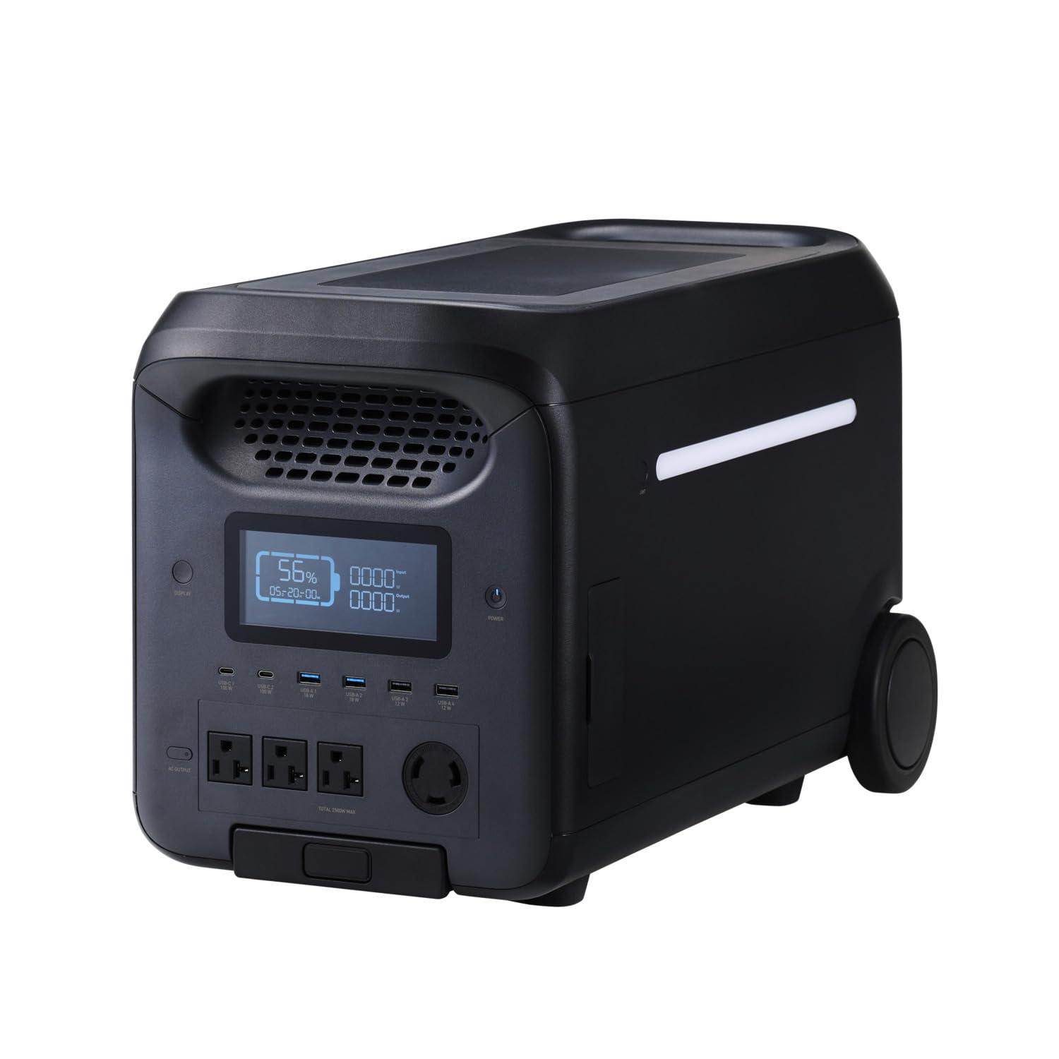 ELECOM Portable Power Supply Iron Phosphate 2560Wh AC Rated Output 2500W AC×4 USB-C×2 USB-A×4 Cigarette Lighter Socket Anderson Black DE-PS2500PBK
