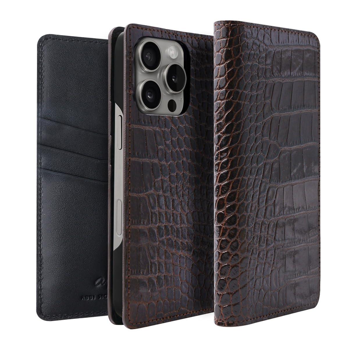 ABBI SIGNATURE iPhone 16 Pro Case Made in Japan Wallet-Style Italian Genuine Leather LIPARI Diary Case MagSafe Compatible [ Vegetable-Tanned Leather Crocodile Embossed Handmade Leather Case Wireless Charging ] ...