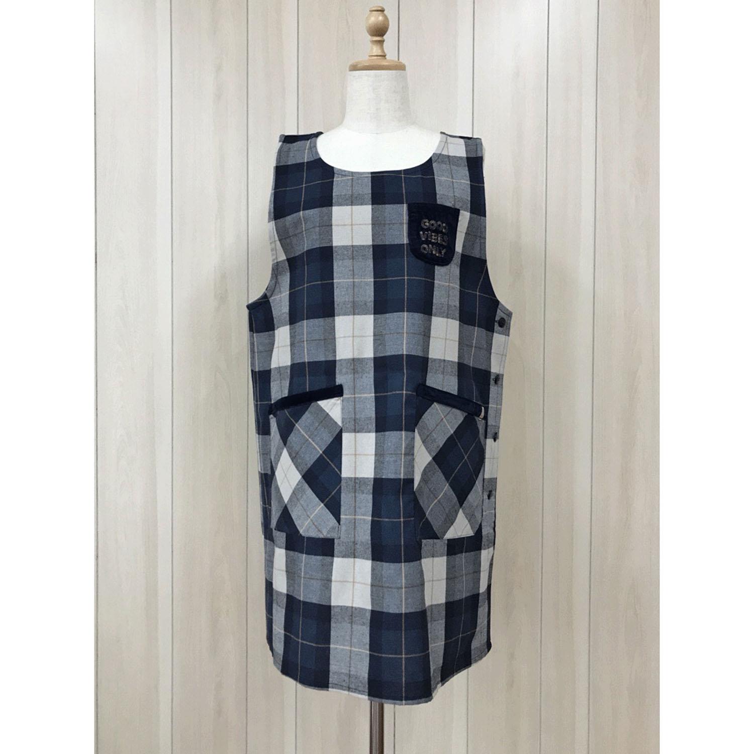 Pre-dyed Brushed Fabric Large Check Apron Blue × Orange F (Free Size)