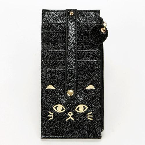 Cat Embroidery Double-Sided Card Case with Belt - Black - Solid Color 01