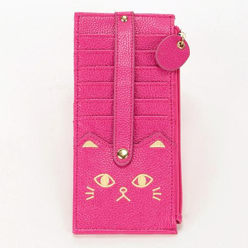 Cat Embroidery Double-Sided Card Case with Belt - Pink - Solid Color 01