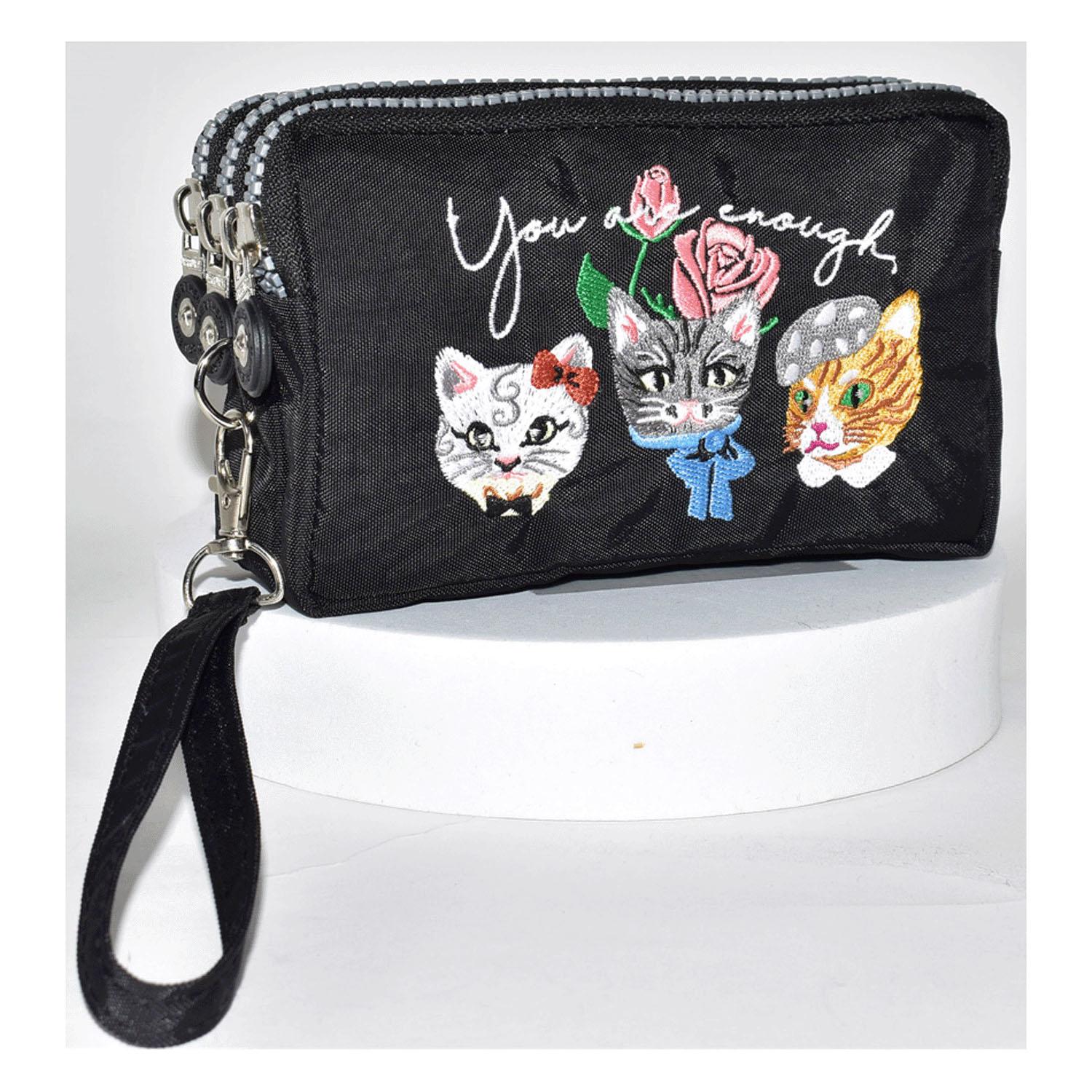 Cat Embroidered 3-Zipper Pouch - Black