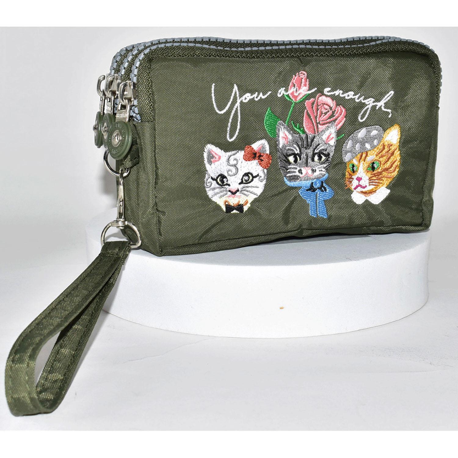 Cat Embroidered 3-Zipper Pouch - Green