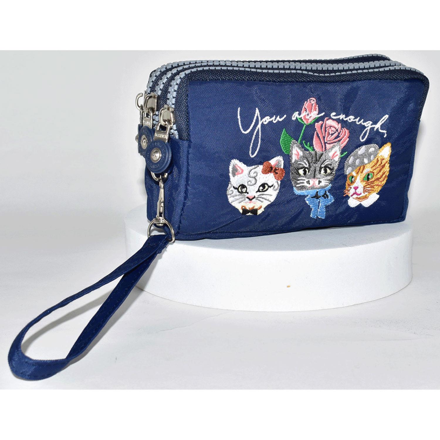 Cat Embroidered 3-Zipper Pouch - Navy