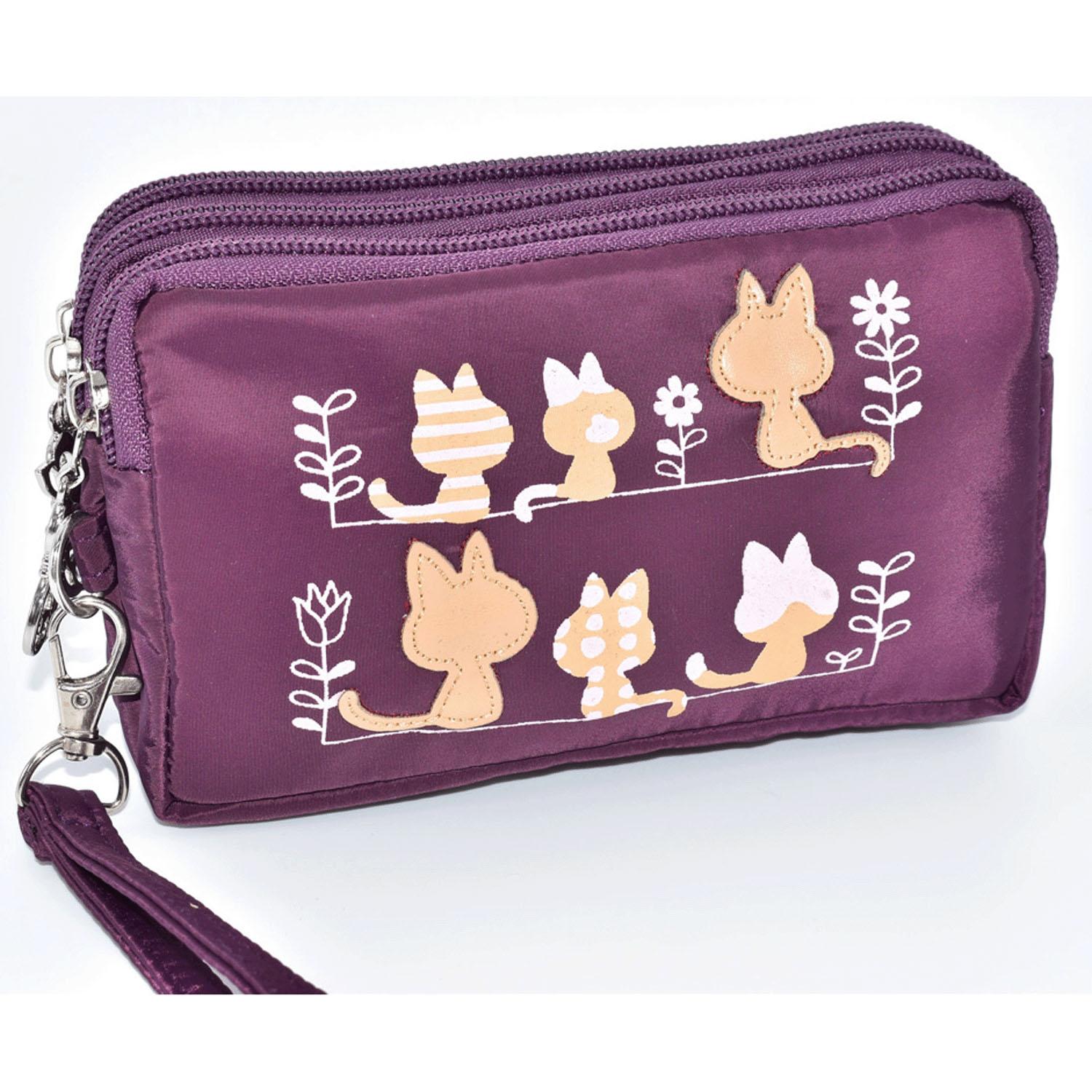 Triple-Zipper Cat-Print Adhesive Pouch - Purple