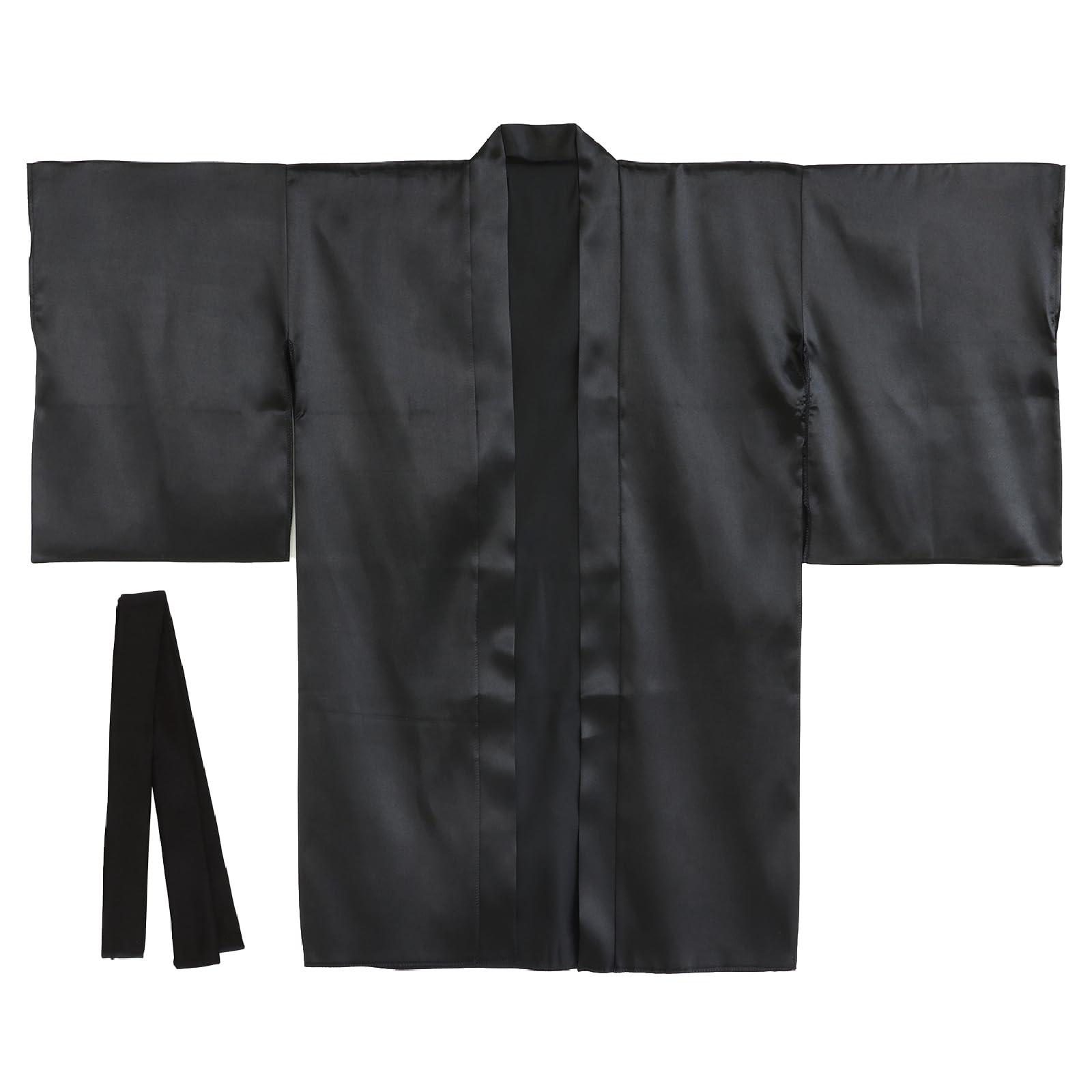 Soft Satin Long Sleeve Happi Coat, Black, Size S (Includes Headband)