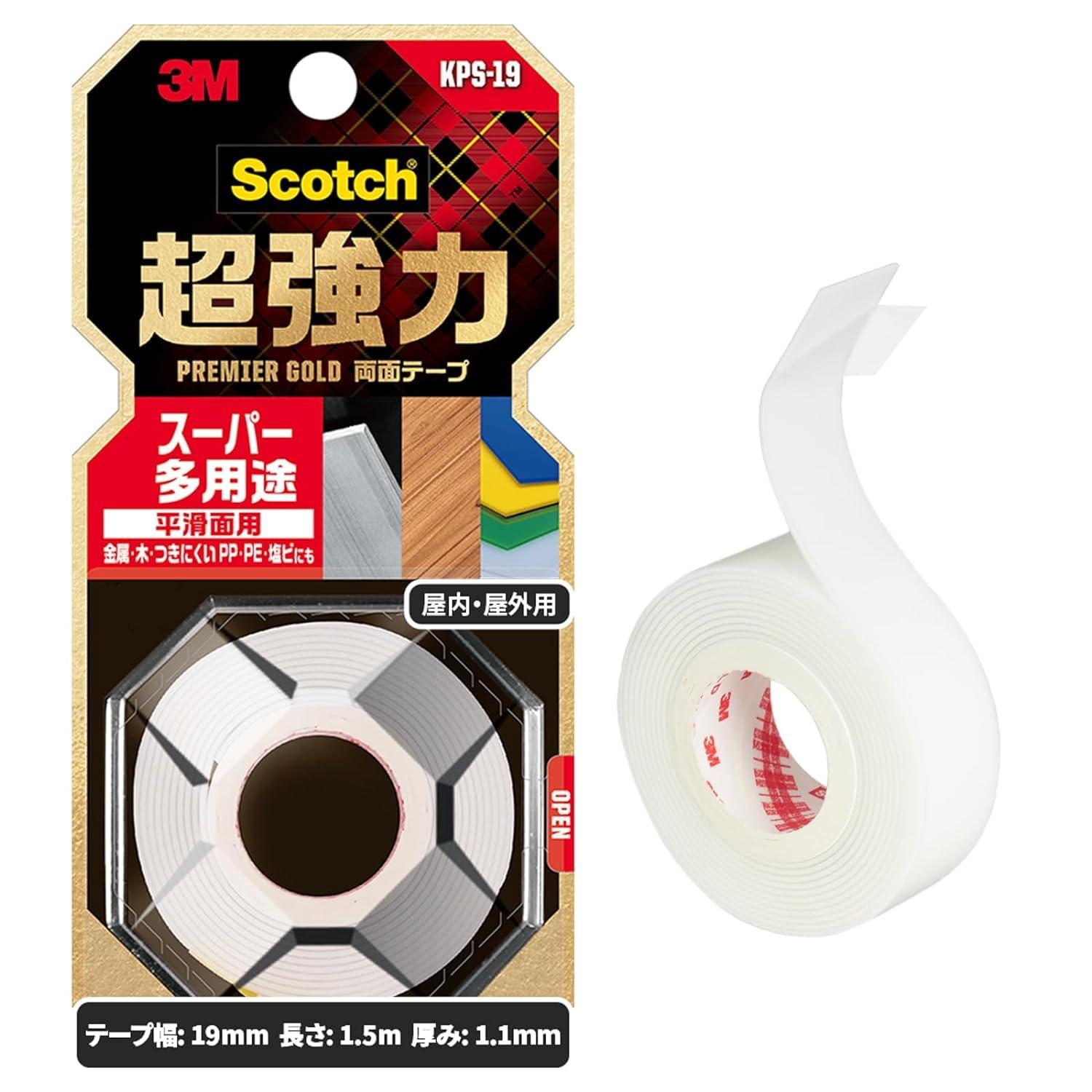 3M Scotch® Super Strong Double-Sided Tape Premier Gold Super Multi-Purpose for Smooth Surfaces White 19mm x 1.5m KPS-19