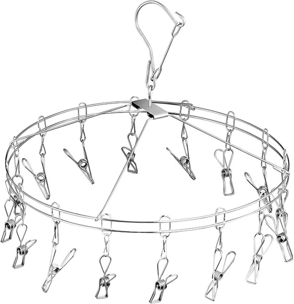 Stainless Steel Round Pinch Hanger with 16 Clips Features hook stoppers to prevent clips from detaching from the rod even in windy conditions SHR-16