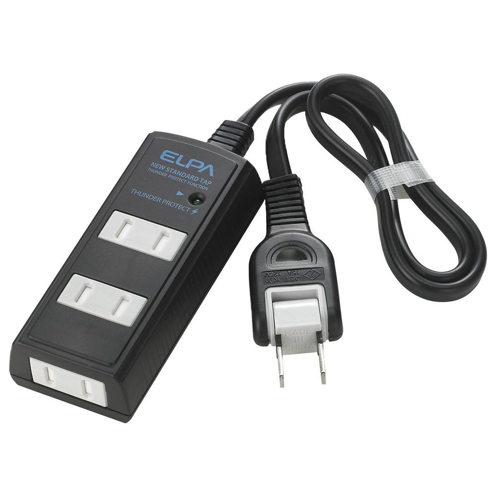 ELPA Corded Tap Surge Protector Outlet Extension Cord Lightning Resistant 3-Outlet 1m Black Swing Plug WBT-3010SBN(BK)