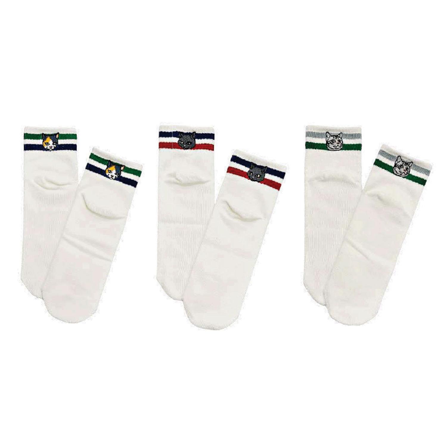 Animal Embroidered Socks 3-Pack Socks Cat Pattern White