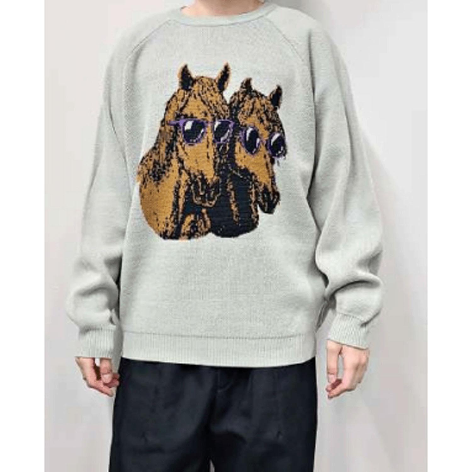 CORISCO Animal Village Animal Print Crew Neck Sweater Ash (Horse) M