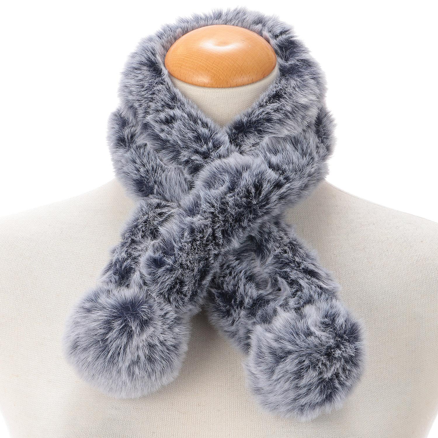 Faux Fur Top Double-Layer Muffler - Navy Blue