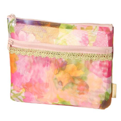 Gold Tape Mesh Pouch with Front Zipper Pocket 19 Deep Pink