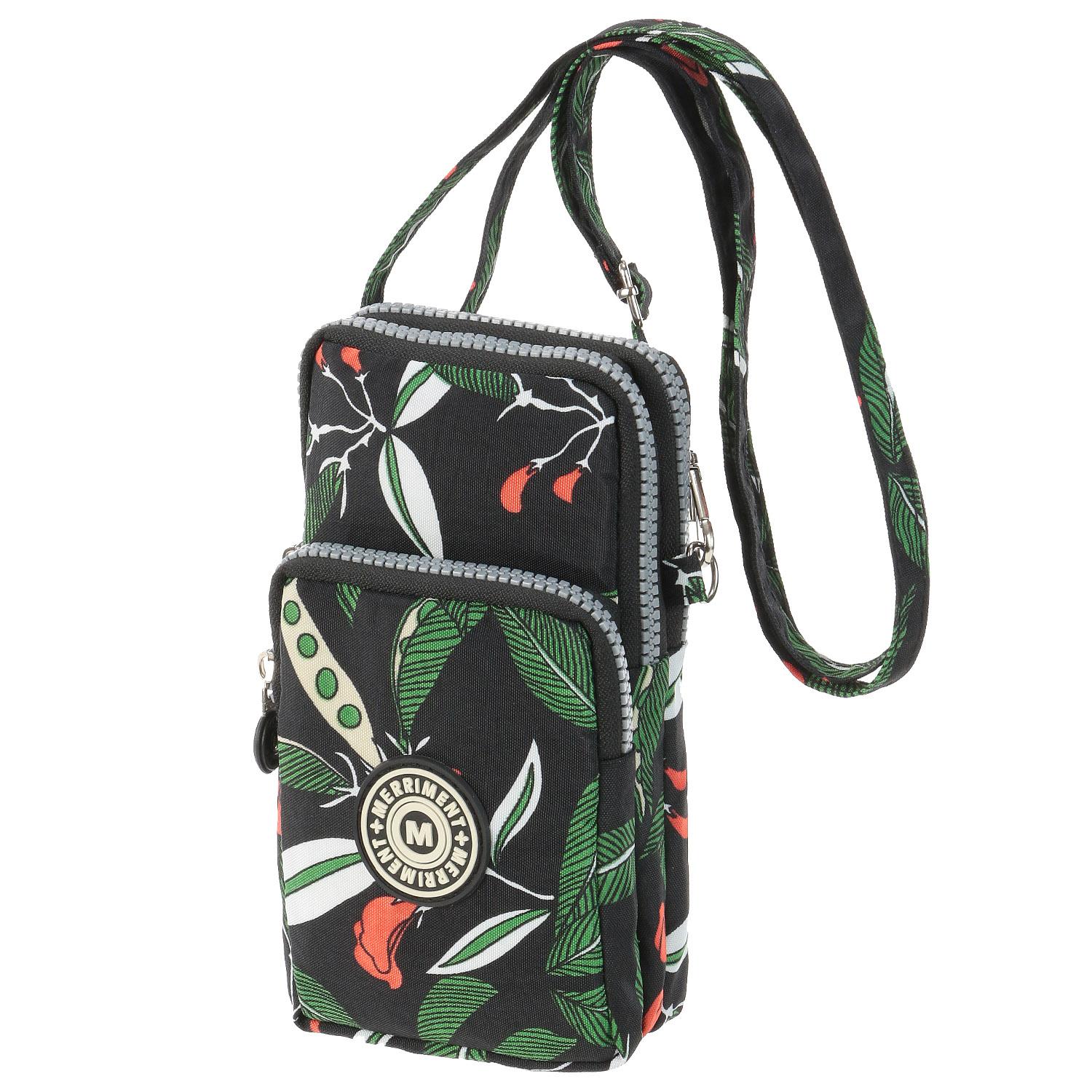 MERRIMENT Vertical Mini Shoulder Bag - Black Leaf Pattern