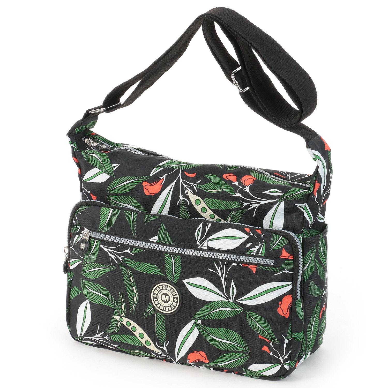 MERRIMENT Lightweight Casual Shoulder Bag - Black Leaf Pattern