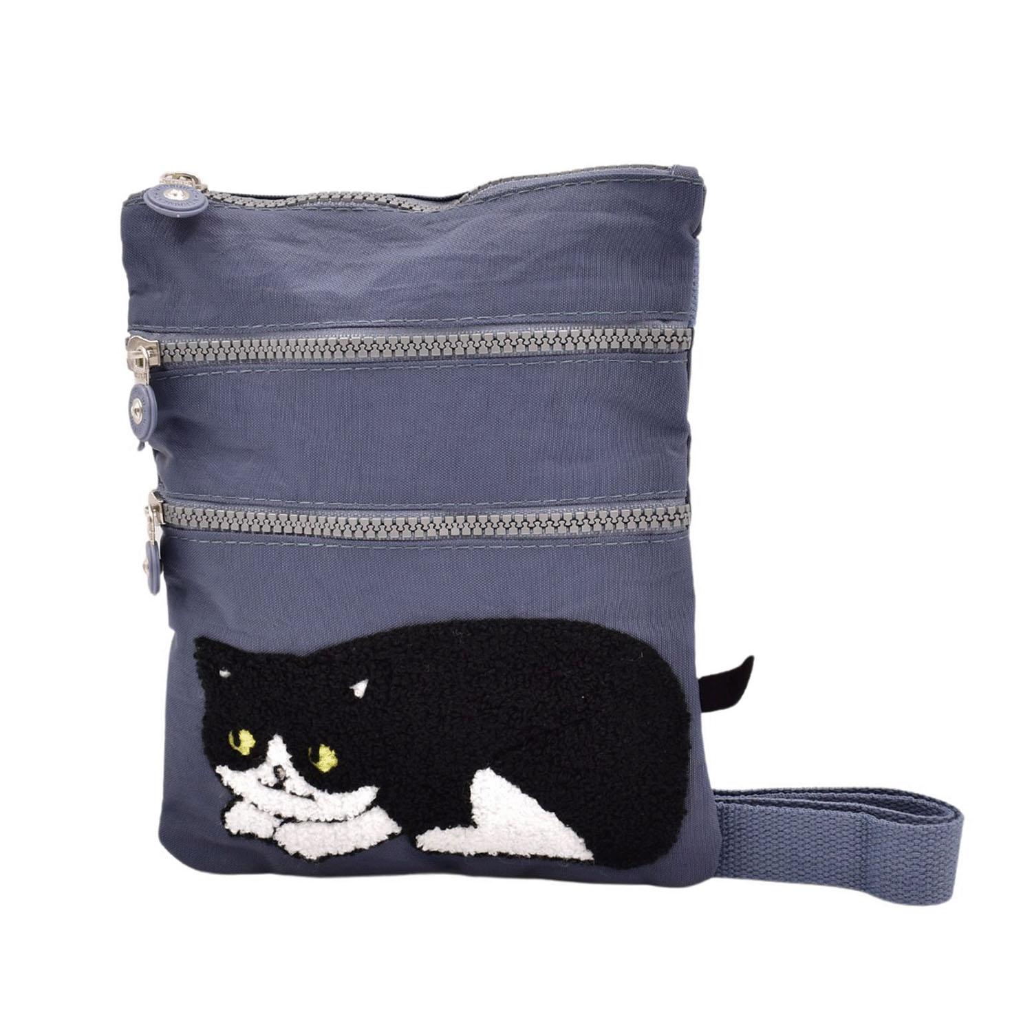 Cat Embroidery 3-Zipper Shoulder Bag - Gray
