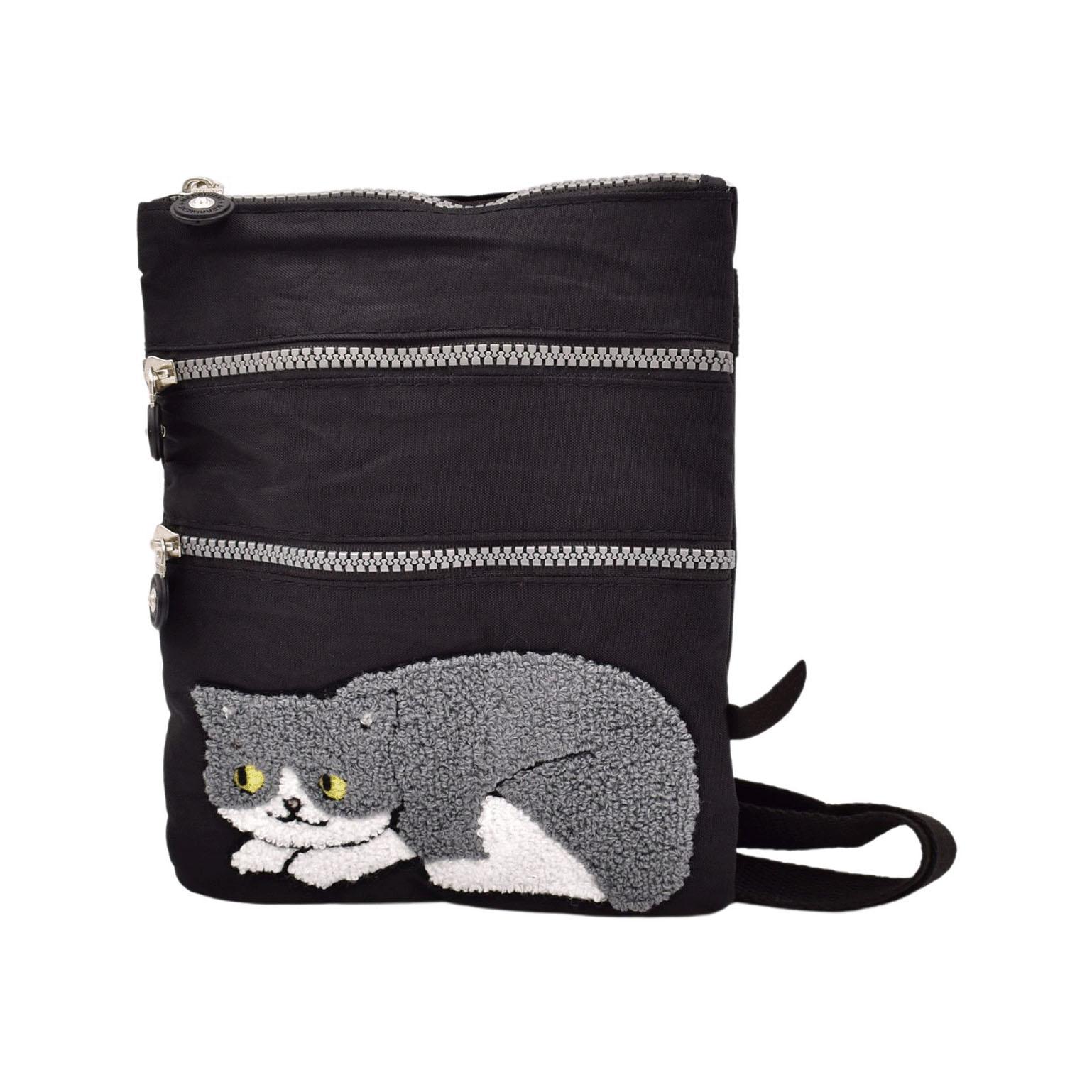 Cat Embroidery 3-Zipper Shoulder Bag - Black