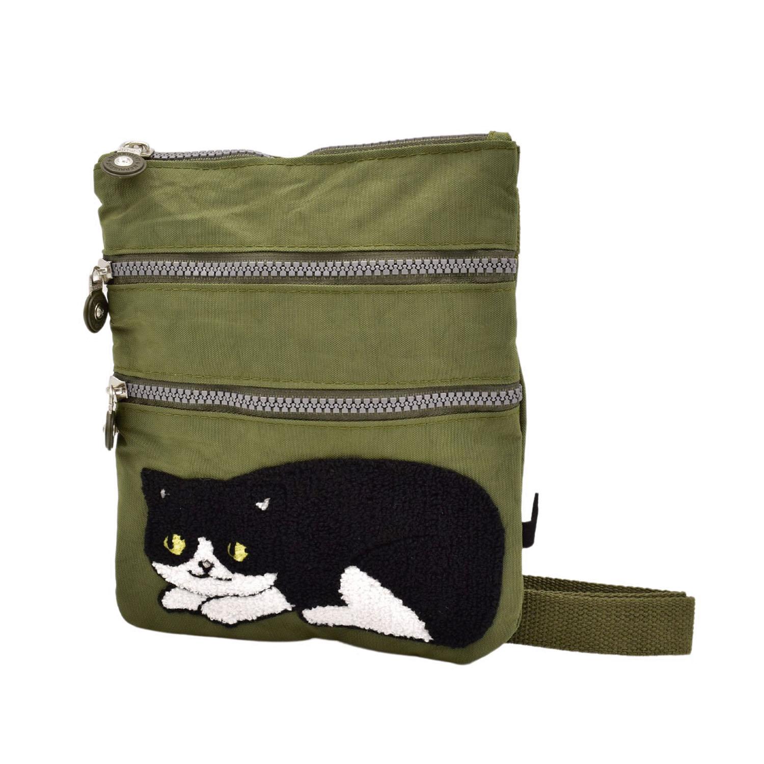 Cat Embroidery 3-Zipper Shoulder Bag - Green