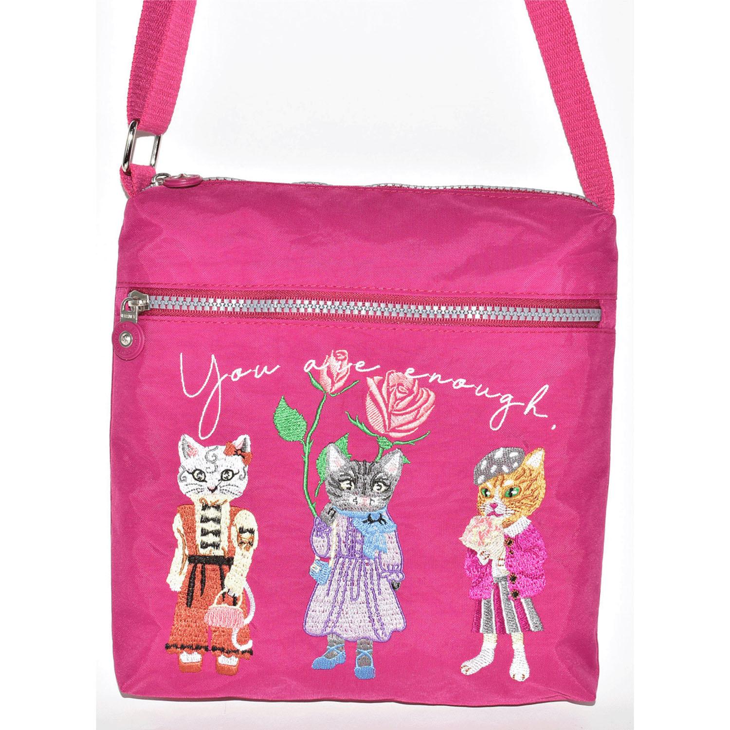 Cat Embroidered Square Shoulder Bag - Pink