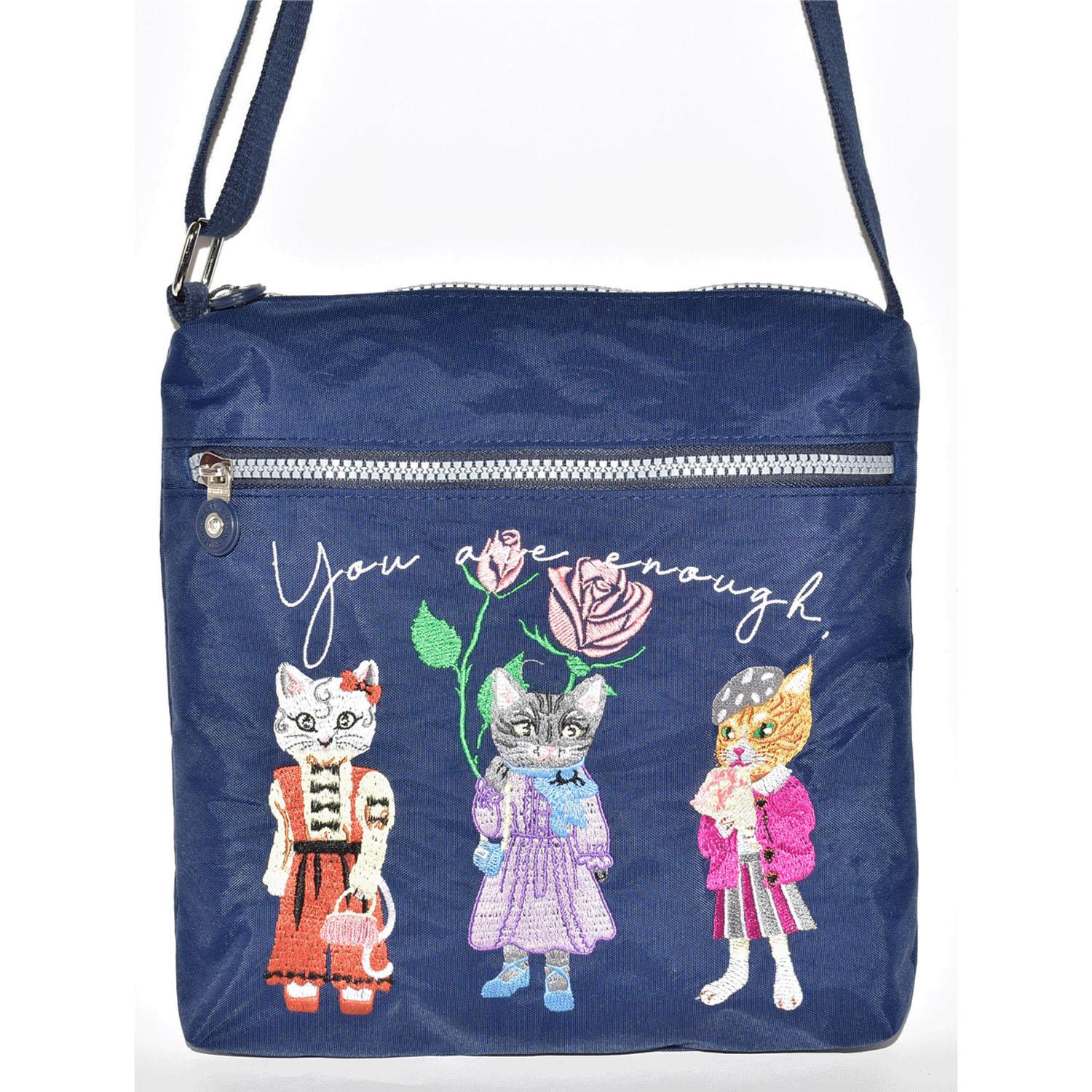 Cat Embroidered Square Shoulder Bag - Navy