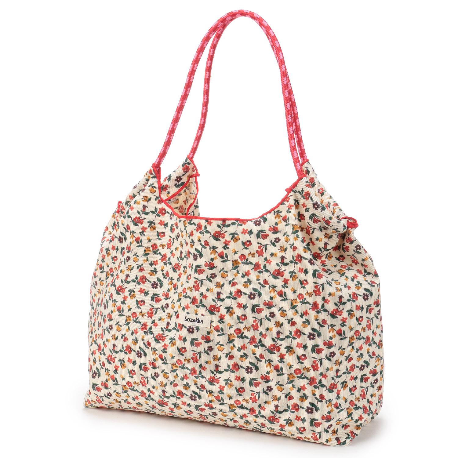 Printed 2-Way Tote Bag: Colorful Flowers, Red & White