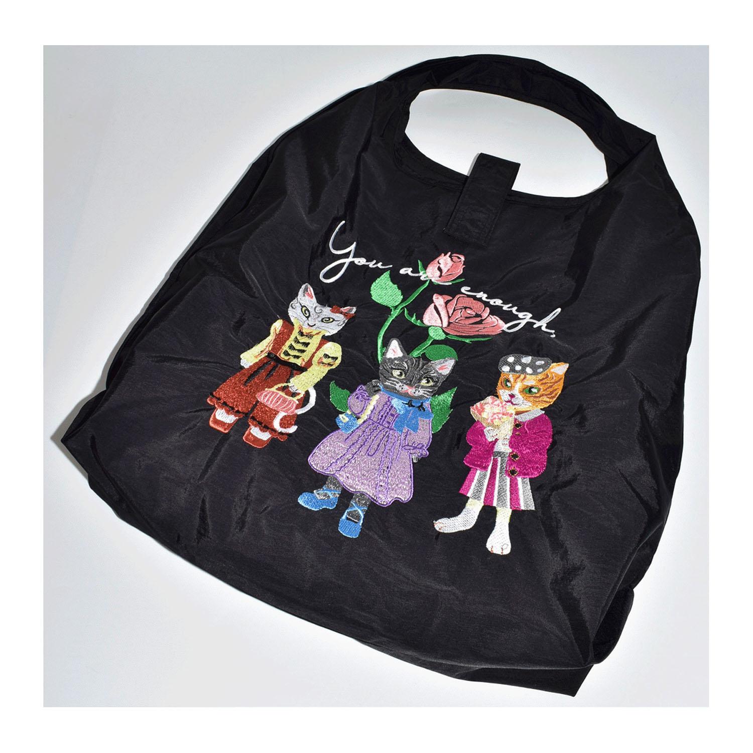 Cat Embroidered Compact Tote Bag - Black