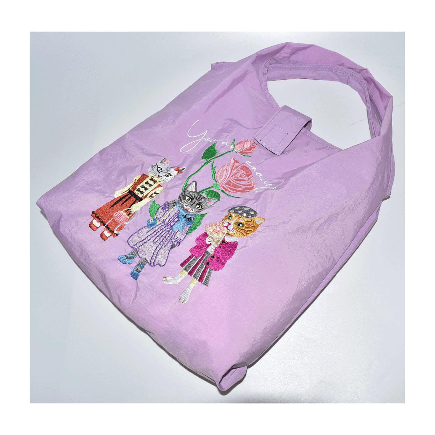 Cat Embroidered Compact Tote Bag - Purple