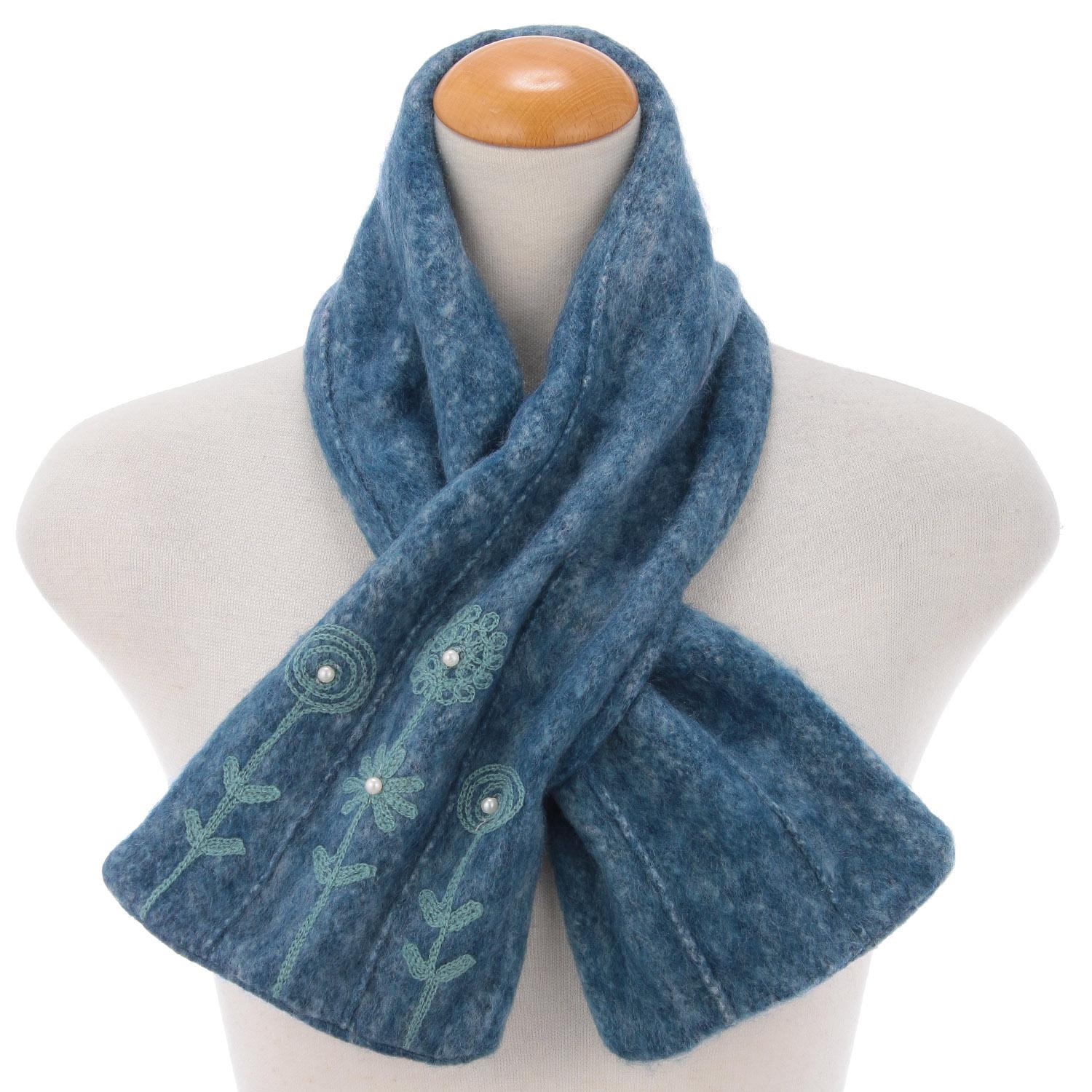 Indian-made Embroidered Scarf with Embroidered Flowers