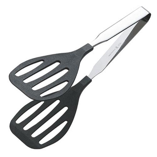 Tanabe Hardware Antibacterial Heat-Resistant Colored Tong Grill (Medium) Black Ideal for grilled items like hamburgers and delicate stuffed cabbage rolls. Folds into a Turner. Made in Japan TK-1993