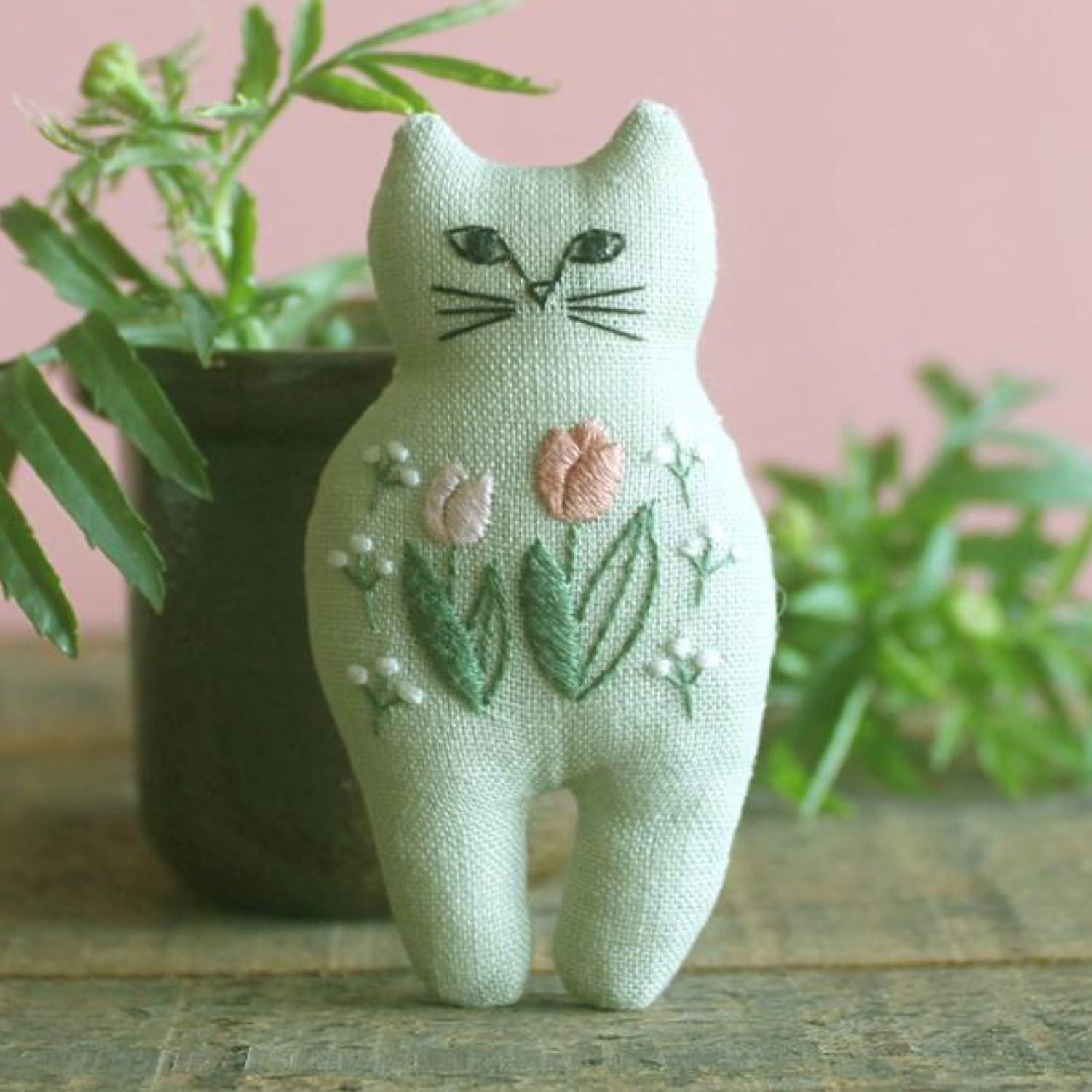 Piece Nekogao Embroidery Brooch Kit with Printed Pattern