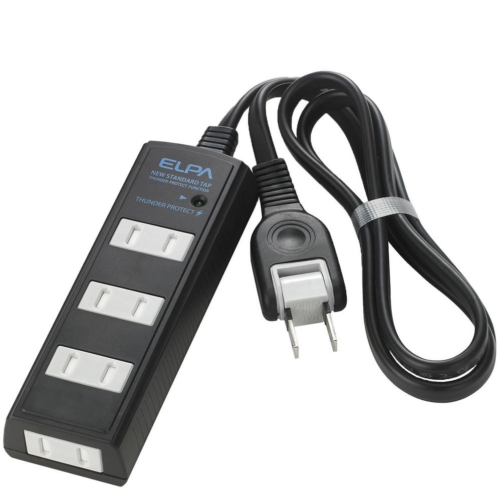 ELPA Corded Tap Surge Protector Outlet Extension Cord Lightning Resistant 4 Outlets 3m Black Swing Plug WBT-4030SBN(BK)