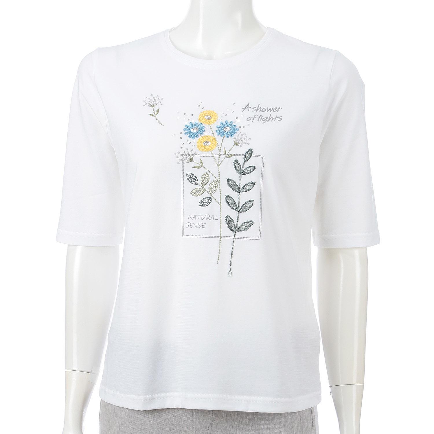 Crew Neck 5-Sleeve Embroidered T-Shirt Floral Pattern