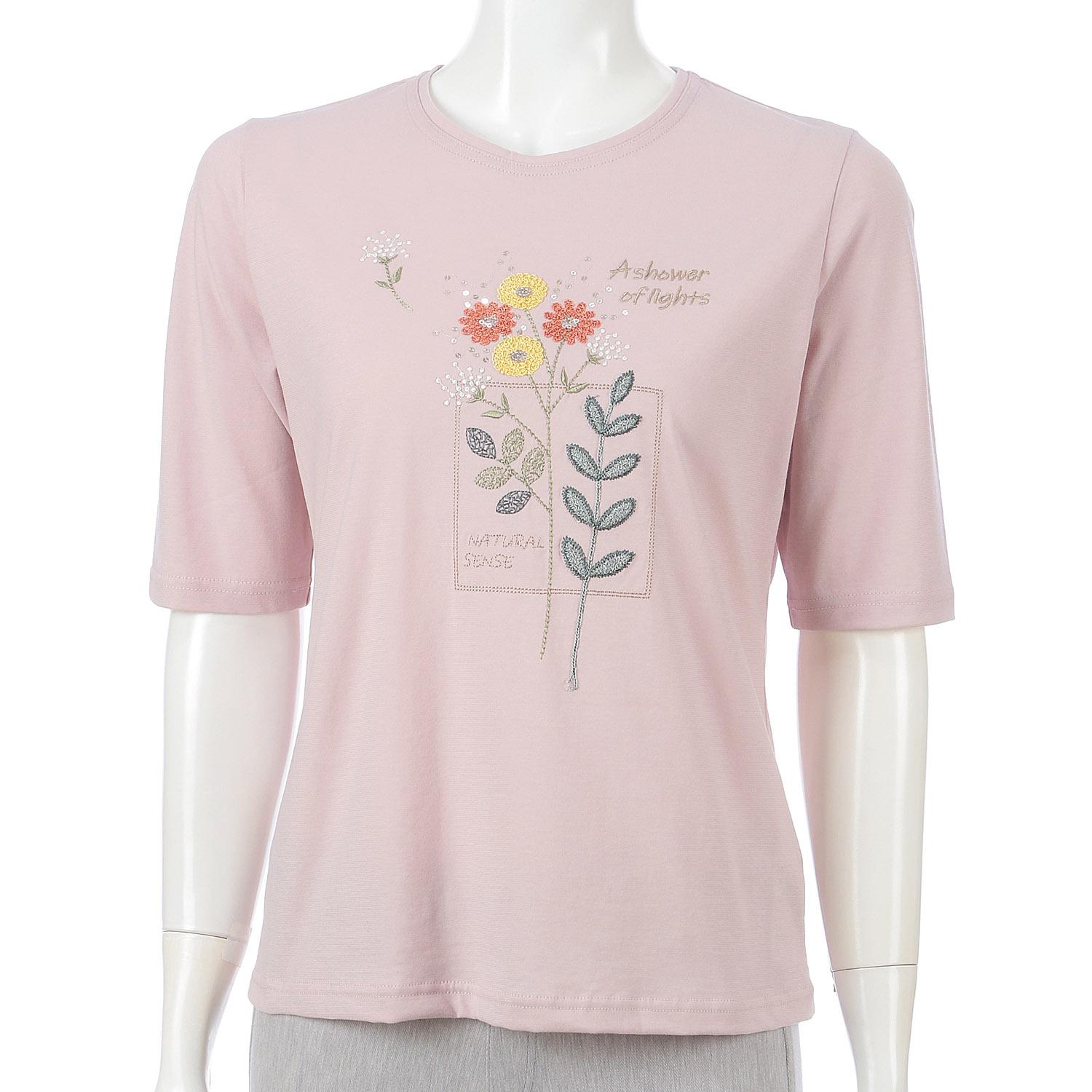 Crew Neck 5-Sleeve Embroidered T-Shirt Floral Pattern