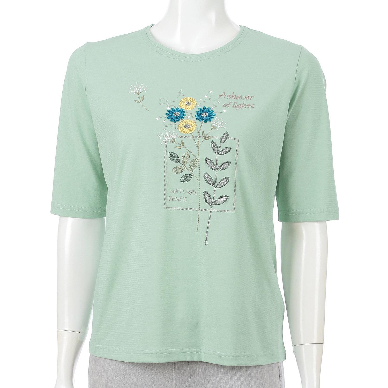 Crew Neck 5-Sleeve Embroidered T-Shirt Floral Pattern