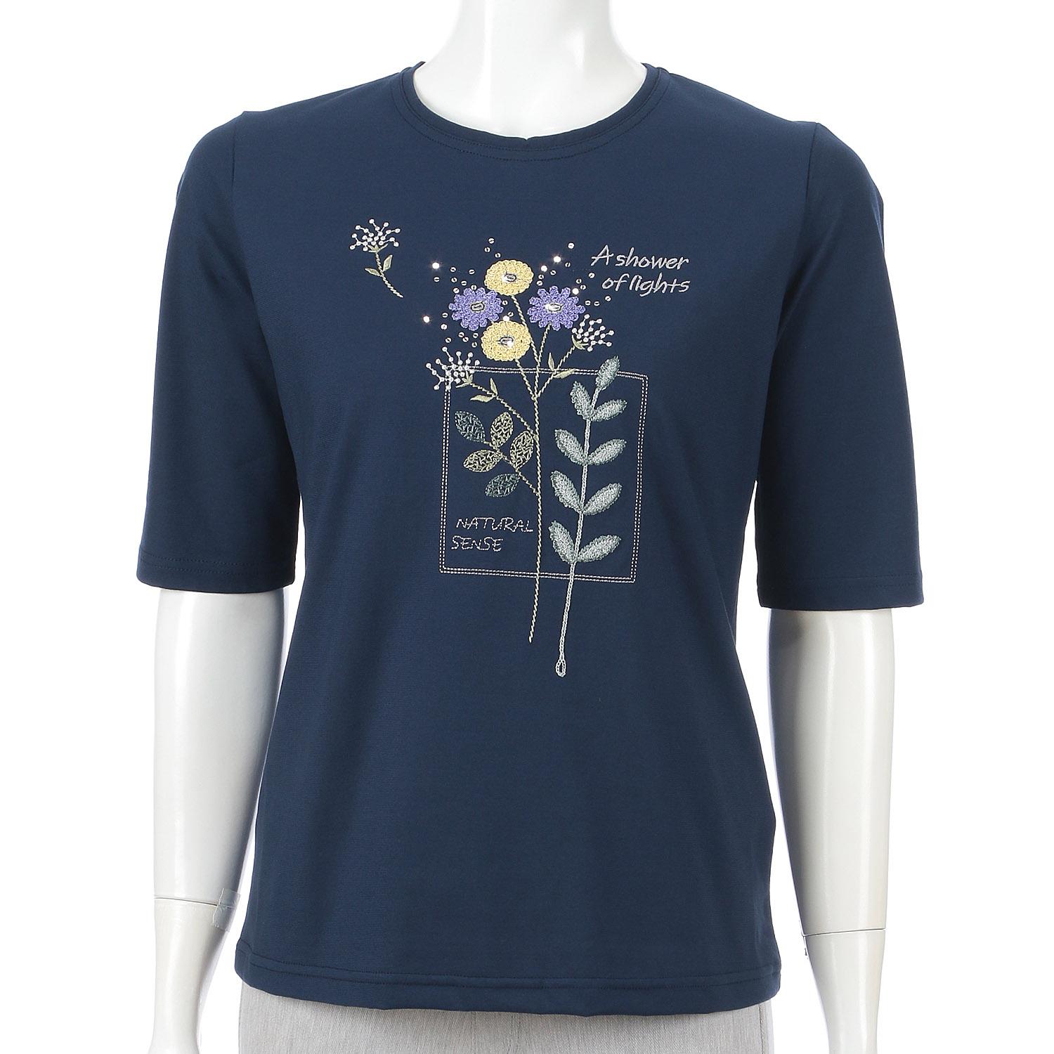 Crew Neck 5-Sleeve Embroidered T-Shirt Floral Pattern