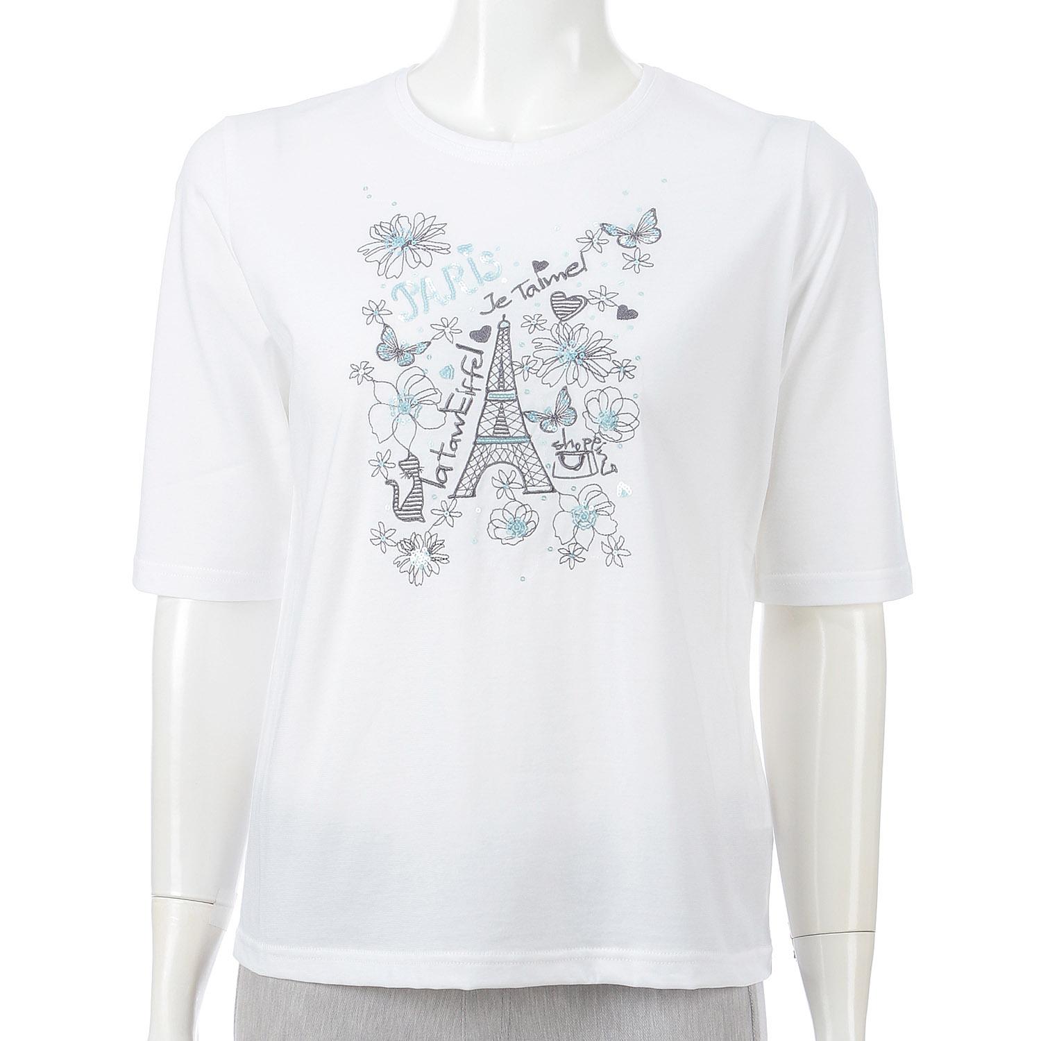 Crew Neck 5-Sleeve Embroidered T-Shirt with Eiffel Tower Design