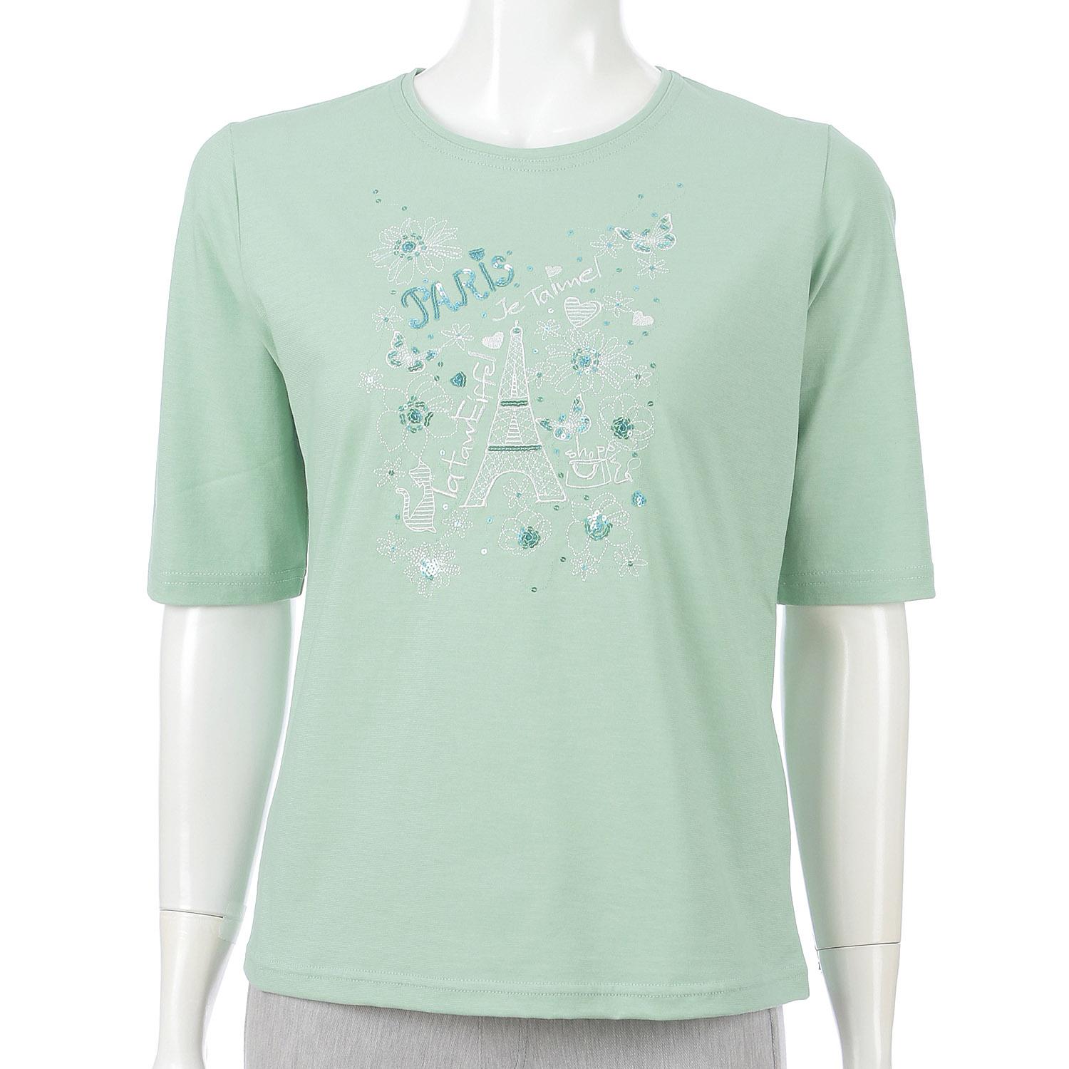 Crew Neck 5-Sleeve Embroidered T-Shirt with Eiffel Tower Design