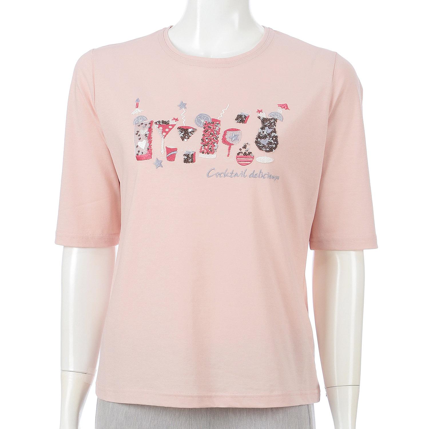 Crew Neck 5-Sleeve Embroidered T-Shirt with Glass Pattern