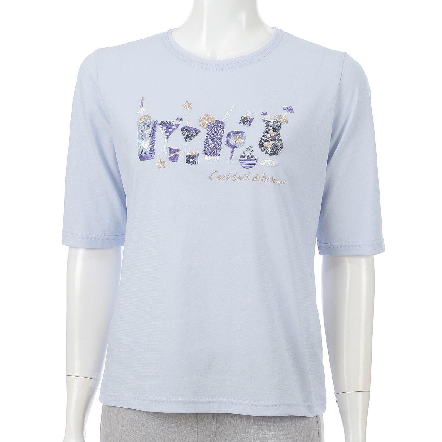 Crew Neck 5-Sleeve Embroidered T-Shirt with Glass Pattern