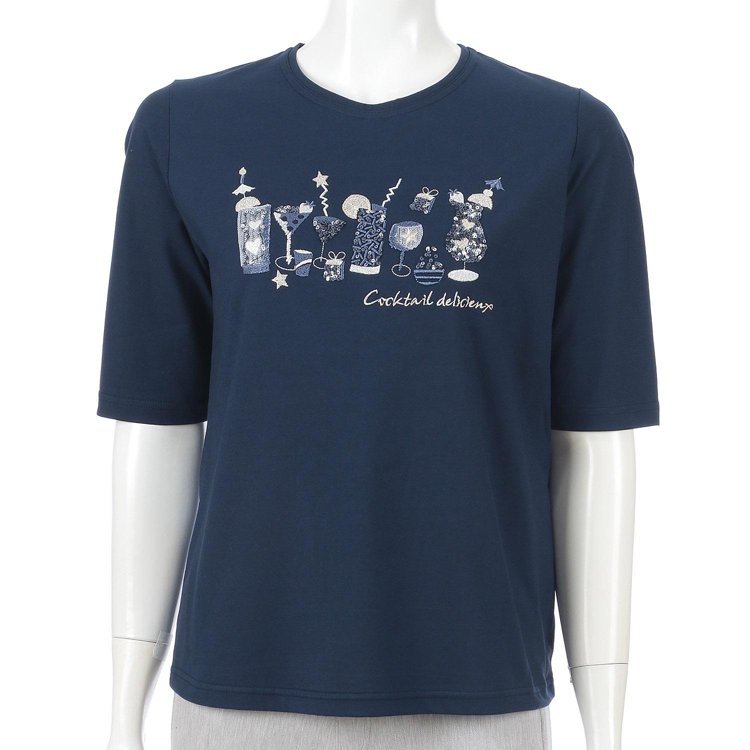 Crew Neck 5-Sleeve Embroidered T-Shirt with Glass Pattern