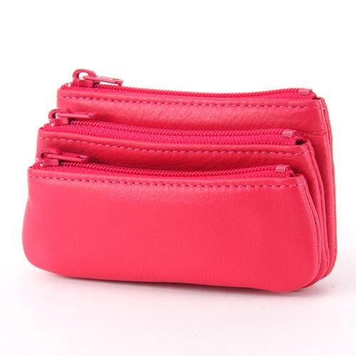 Cowhide Leather 3-Compartment Coin Purse Solid Color: Cherry Pink